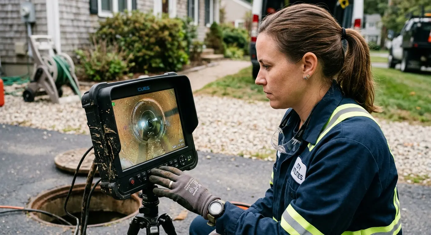 Technician reviewing sewer camera inspection footage in Atlas
