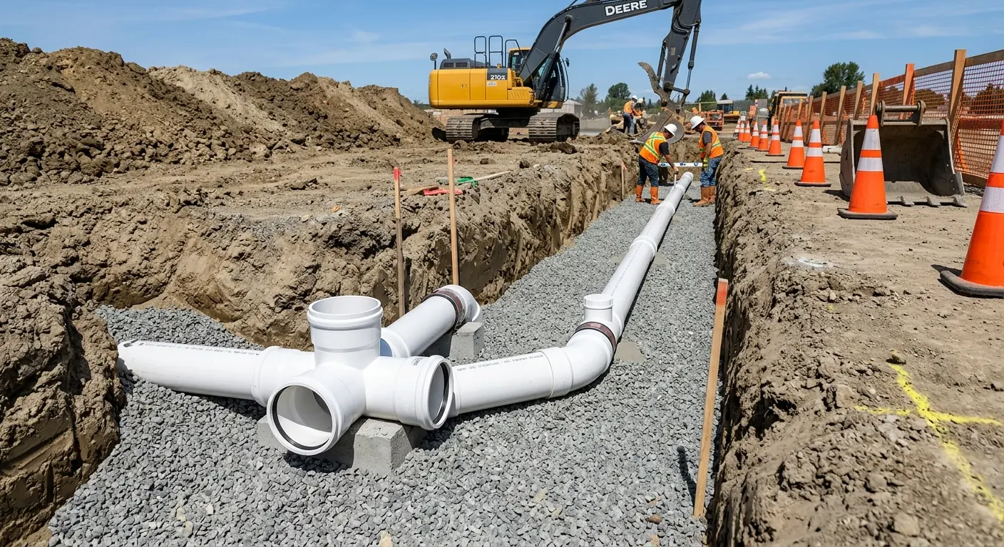 New PVC sewer pipe installation in open trench for Commercial Drain Cleaning in Atlas