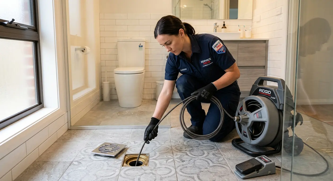 Technician clearing a bathroom floor drain for Drain Cleaning in Atlas